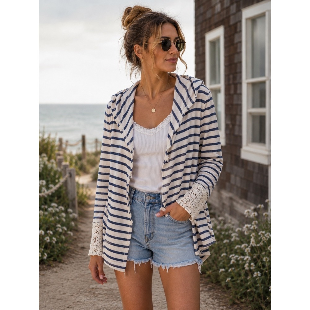 Saturday Sunday Cardigan Womens‎ Small Cream Black Striped Lace Back Boho